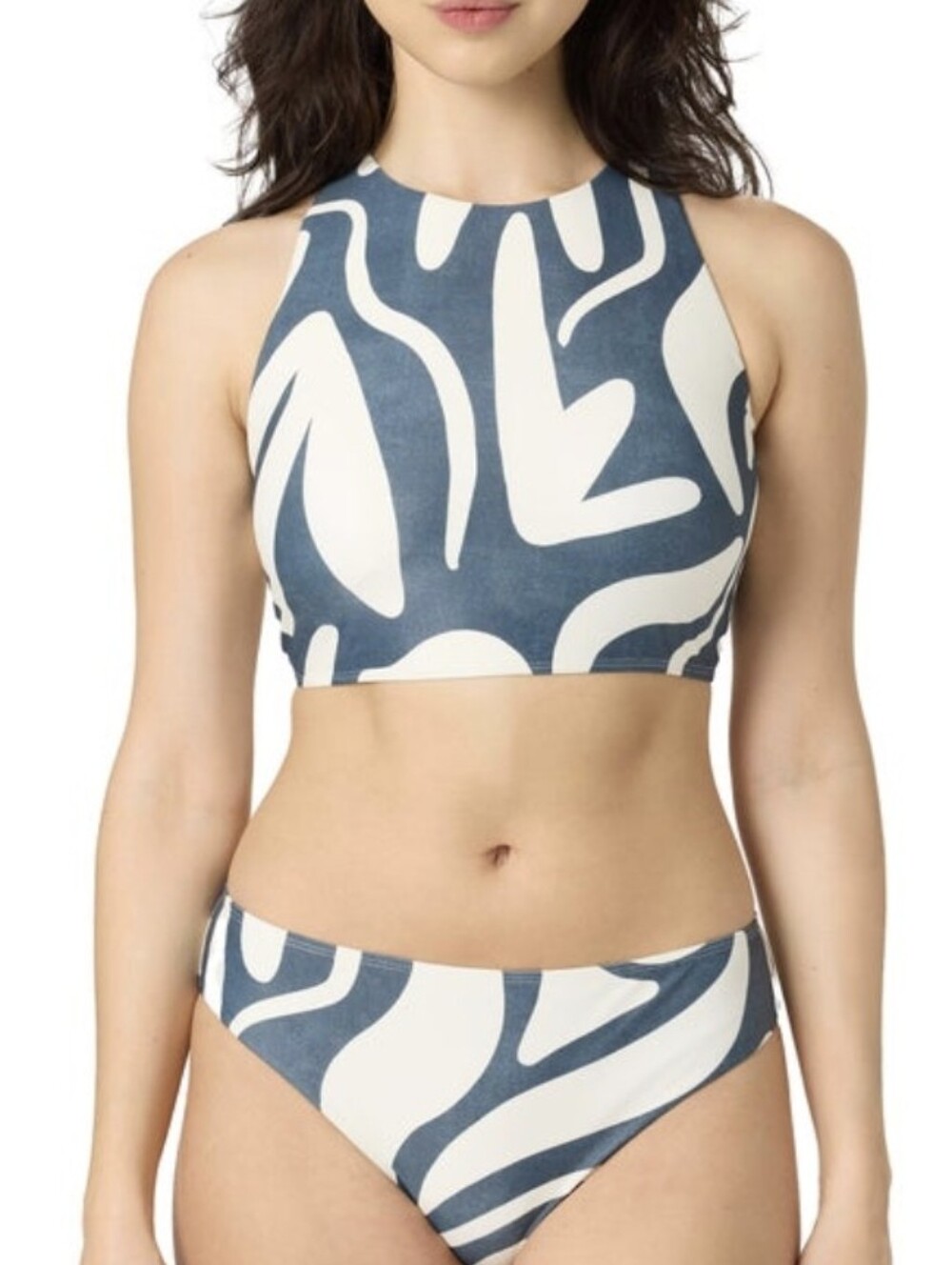 Sol Angeles Navy & White Abstract High Neck Swim Top M NEW
